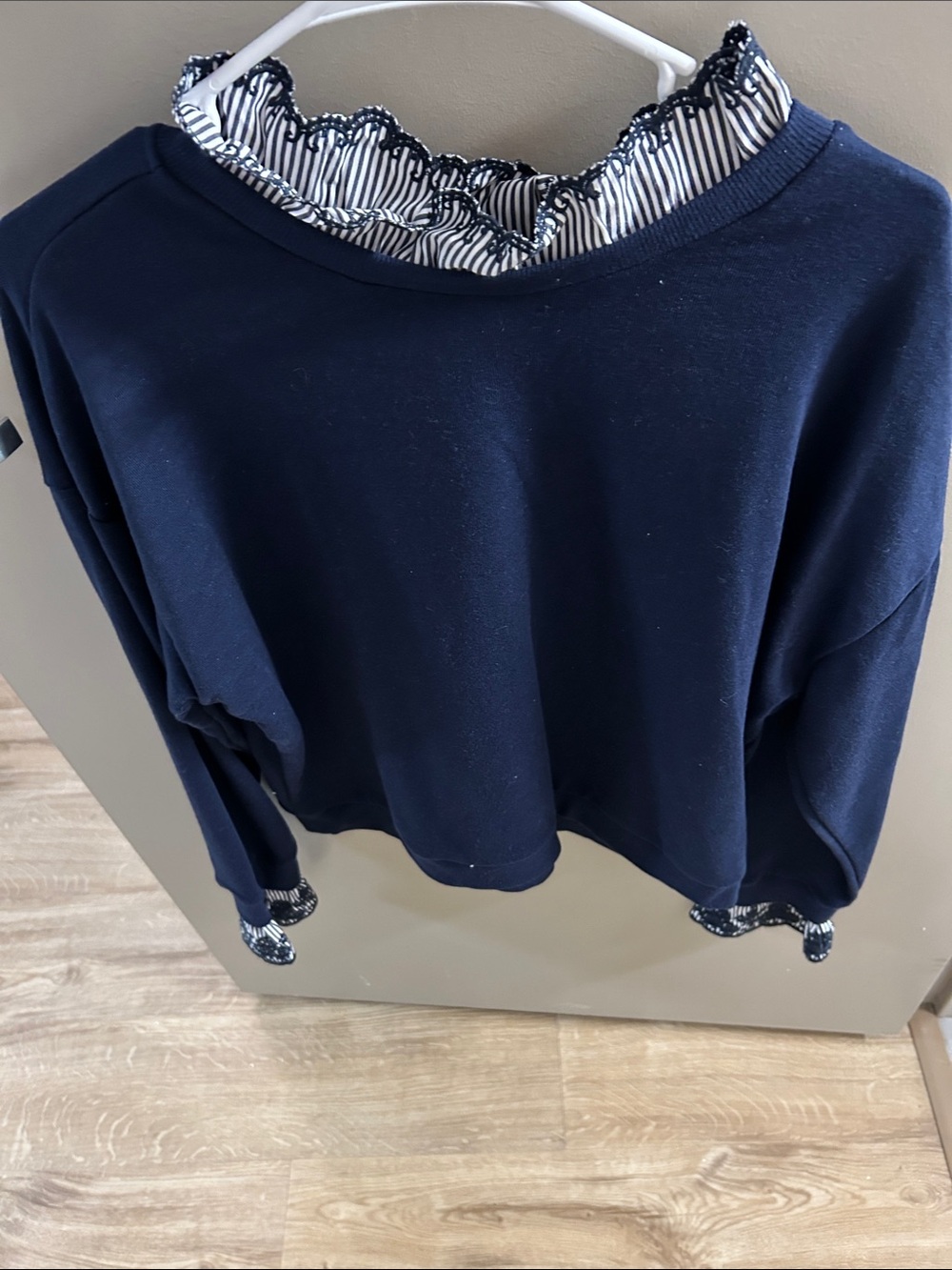 Navy Sweatshirt with Striped Ruffle Trim